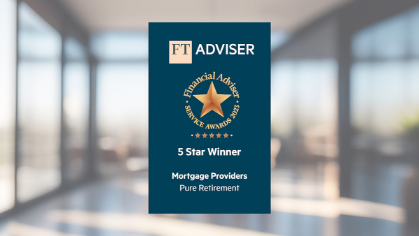 The FT adviser service awards 2023 logo for five star winner of mortgage providers placed on an office background
